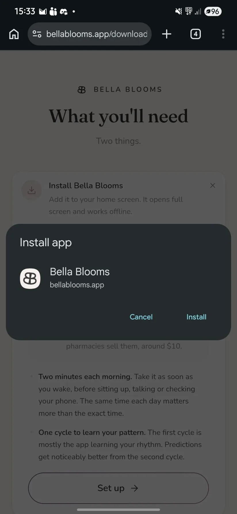 Chrome's Install app question, showing the Bella Blooms icon and name with Cancel and Install buttons.