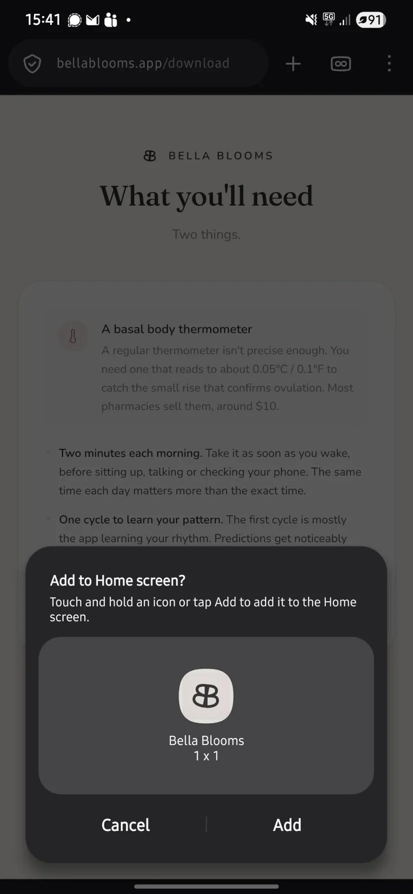 The Add to Home screen question, showing the Bella Blooms icon with Cancel and Add buttons.