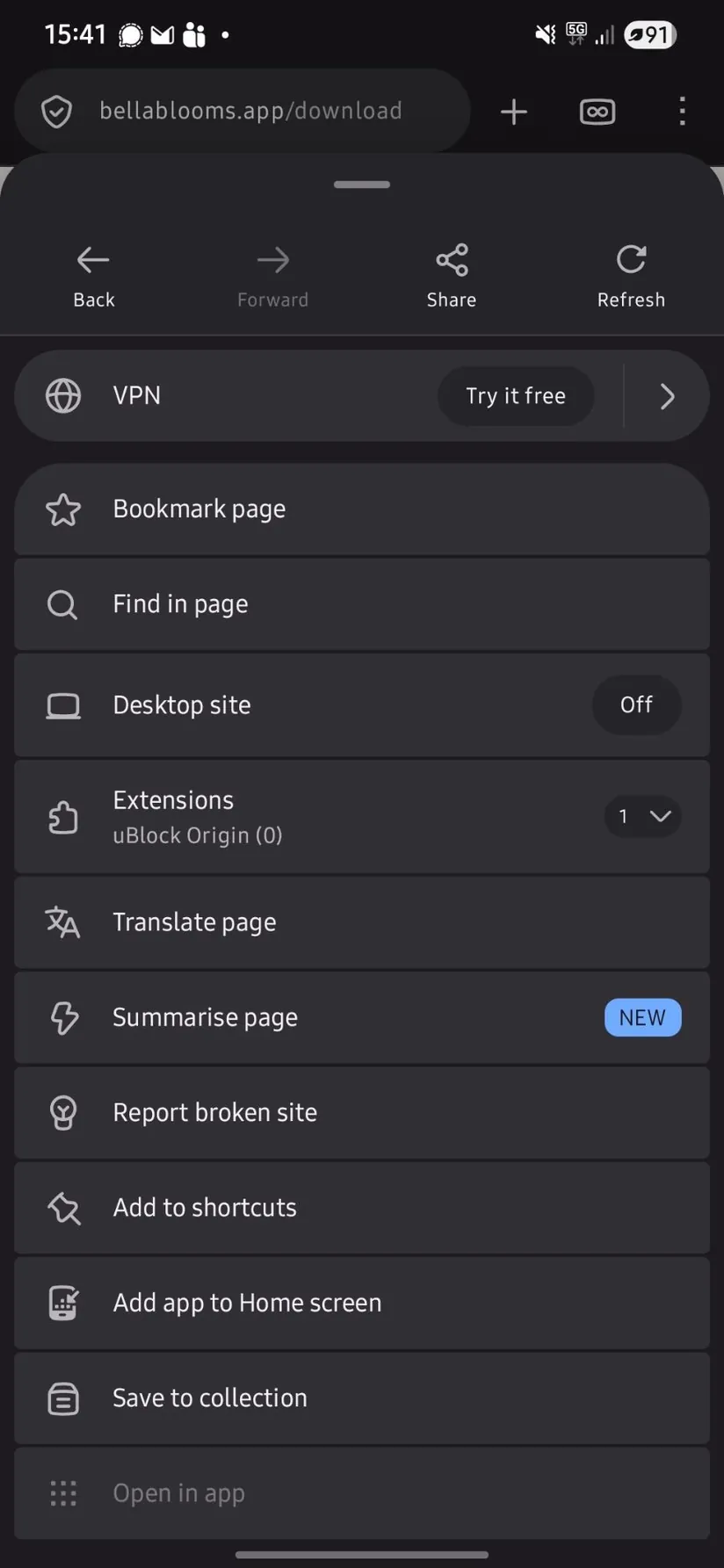 Firefox's menu on an Android phone, with Add app to Home screen near the bottom of the list, just below Add to shortcuts.